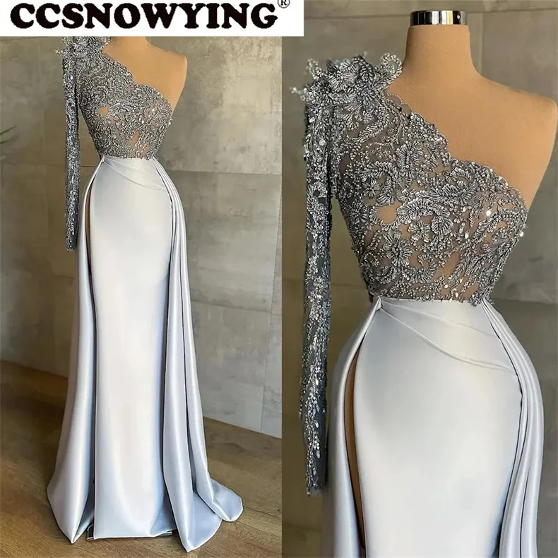 

Sexy Satin Appliques Beaded Prom Dresses One Shoulder with High Slit Formal Evening Party Gown Robe De Soiree