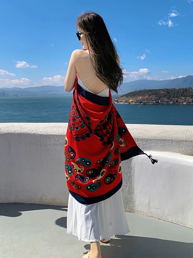 New Summer Elegant Women Silk Scarf Beach Wrap Shawl Vintage Red Print Lady Sunscreen Bandana Long Hijab Mujer Boho Scarve Pareo 2