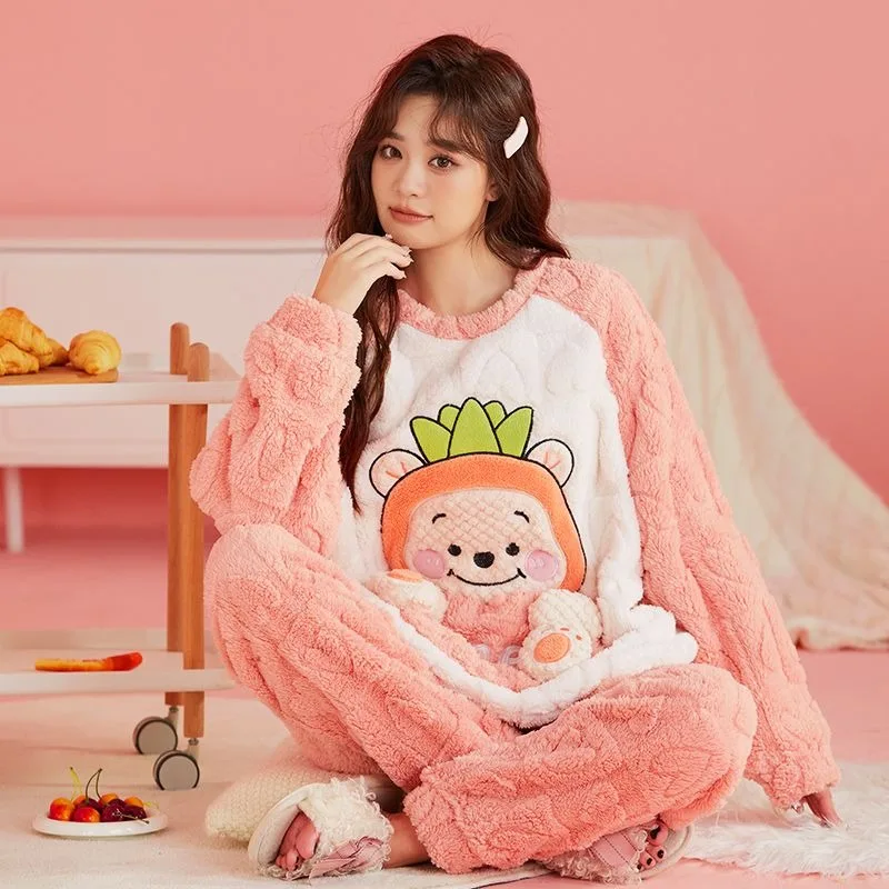 2024 New Women Coral Velvet Pajamas Female Winter Plus Velvet Pad Flannel Household Clothes Cartoon Warm Pullover Suit Sleepwear
