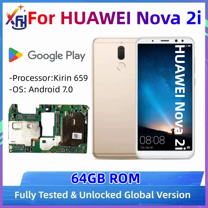 

Mainboard For Huawei Nova 2i, 64GB Global ROM, Motherboard PCB Module, Original, Full Chips
