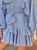 Belt blue plaid batwing long sleeve women dress summer ruffle shirt mini dress Casual button mujer