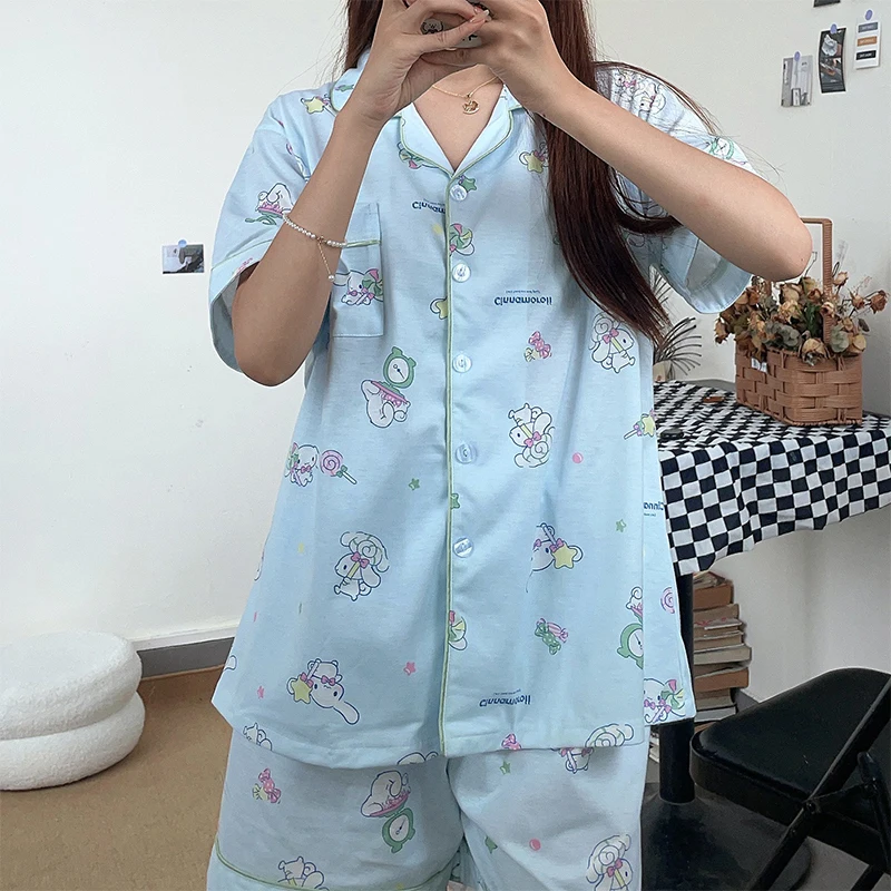 

Lovely Cinnamoroll Short-Sleeved Pajamas Kawaii Sanrioed Anime Female Summer Sweet Cute Cardigan Cartoon Home Set Gift for Kids
