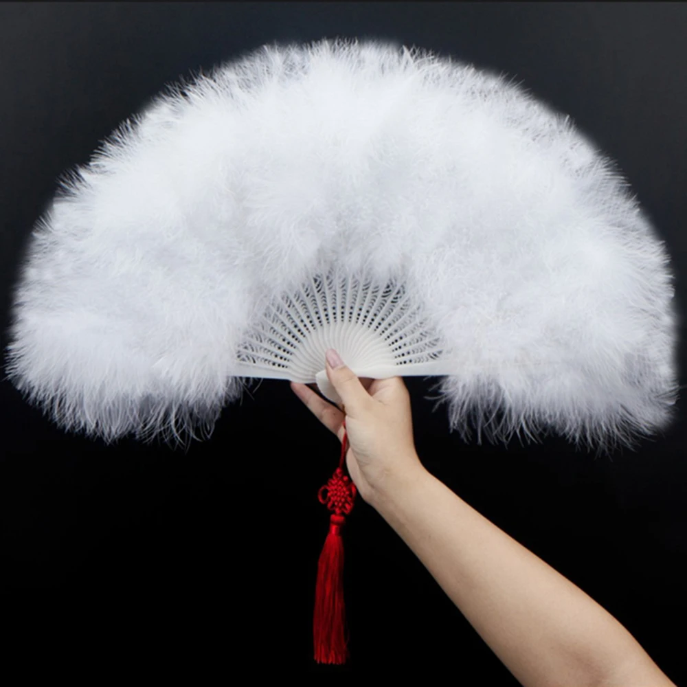 

Handmade Feather Hand Fan Chinese Style Ladies White Folding Fan Handmade Wedding Party Dance Ornament Accessories Home Decor
