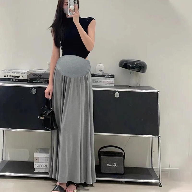 9039  빈티지 주름 출산 전체 롱 스커트 탄성 허리 배꼽 임신 한 여성을위한 라인 느슨한 옷 캐주얼 임신