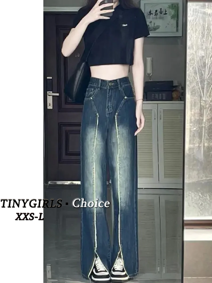 

150cm Petite girls Straight Wide-Leg American Retro Split Jeans Women 145cm High Waist Floor-Length XS Appear High Nine Points