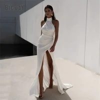 Sexy Mermaid Wedding Dress Women High Collar Open Back Sleeveless Side Slit Pleat Bridal Gown 2025 Vestido De Noiva Customized 1