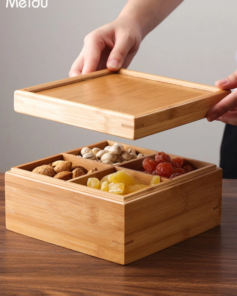 Dry Fruit Storage Box  Nut Box  Solid Wood Partition  Water Fruit Tray With Cover  Family Snack Tray  Living Room Dry Box