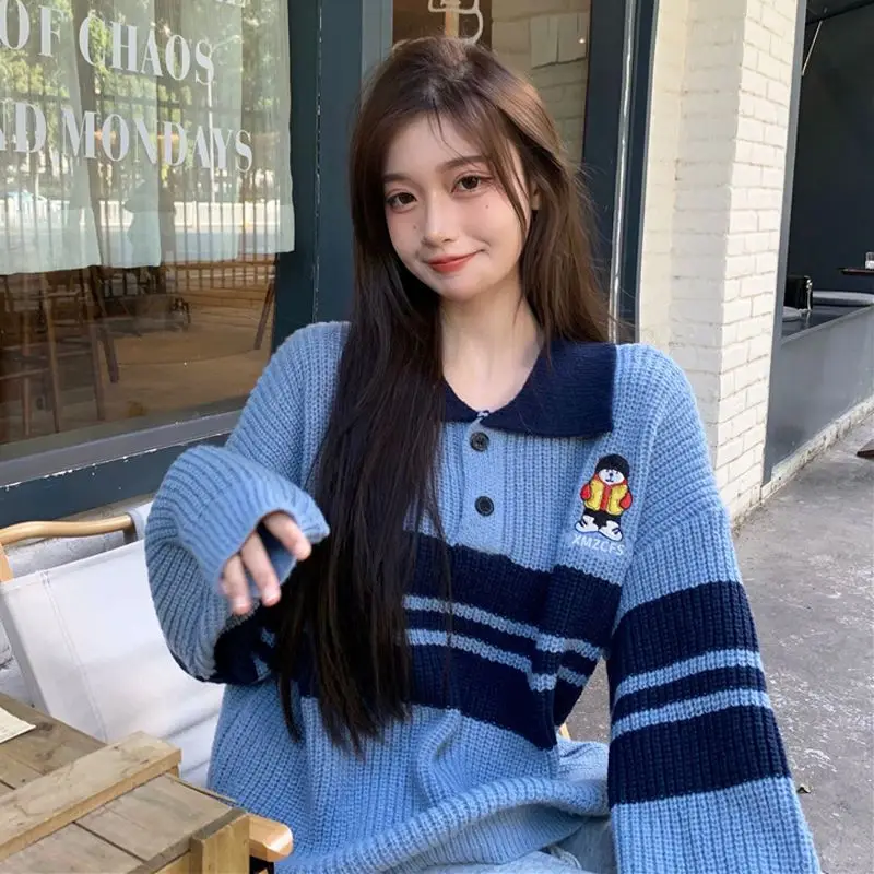 

Deeptown Harajuku Striped Sweater Women Preppy Knitted Female Jumper Korean Fashion Knitwear Button Pullover Aesthetic Oversized