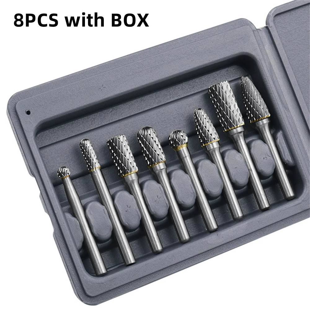 

8 Pcs/set 6mm-12mm Tungsten Carbide Burr Bit CNC Engraving 1/4" Rotary Cutter Files Portable Tools Set