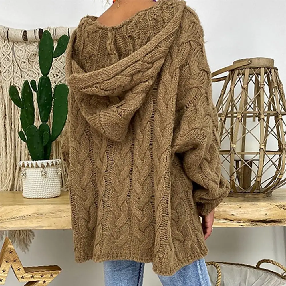 

Autumn Solid Color Sweater Hood Long Sleeve Knitted Women Knitted Sweater Braided Hooded Pullover Sweater