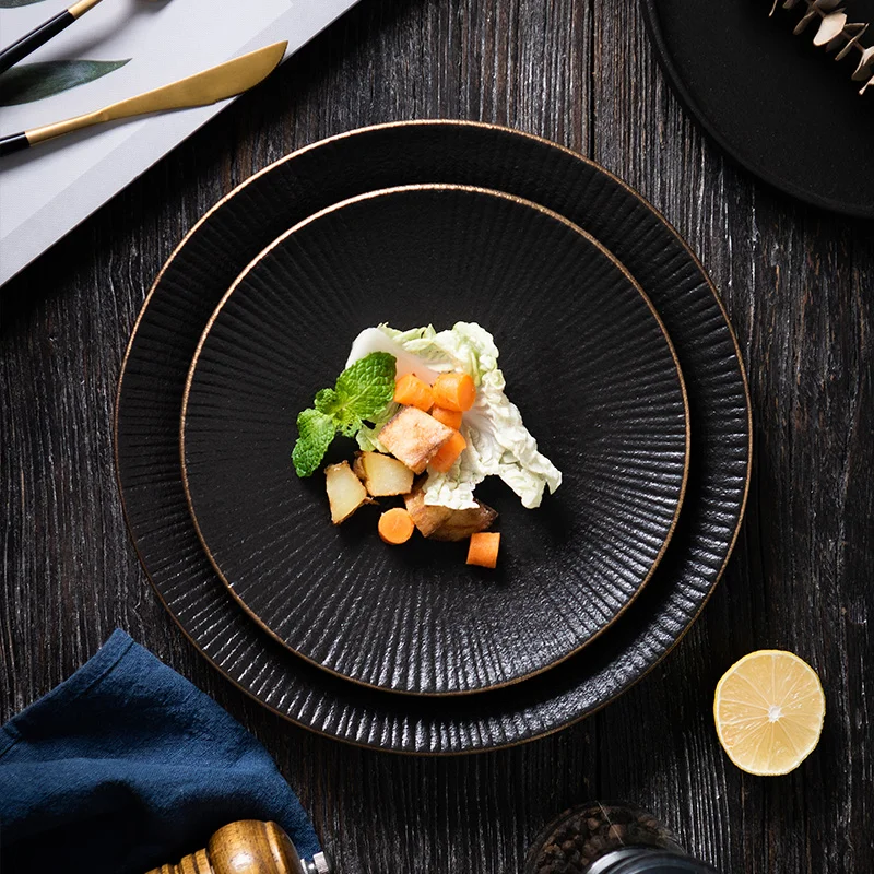 

European Style Seasoning Black Ceramic Dinner Plate Western Food Steak Plate Round Cooking Dishes Hotel Restaurant Tableware Set