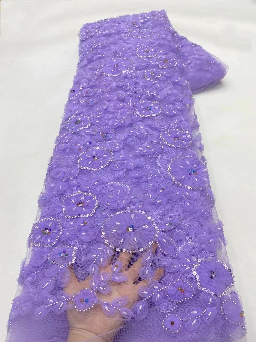 

Luxurious Purple 3D French Beads Lace Fabric 2024 High Quality Handmade Beads Sequins African Nigerian Mesh Lace Fabric KXX24117