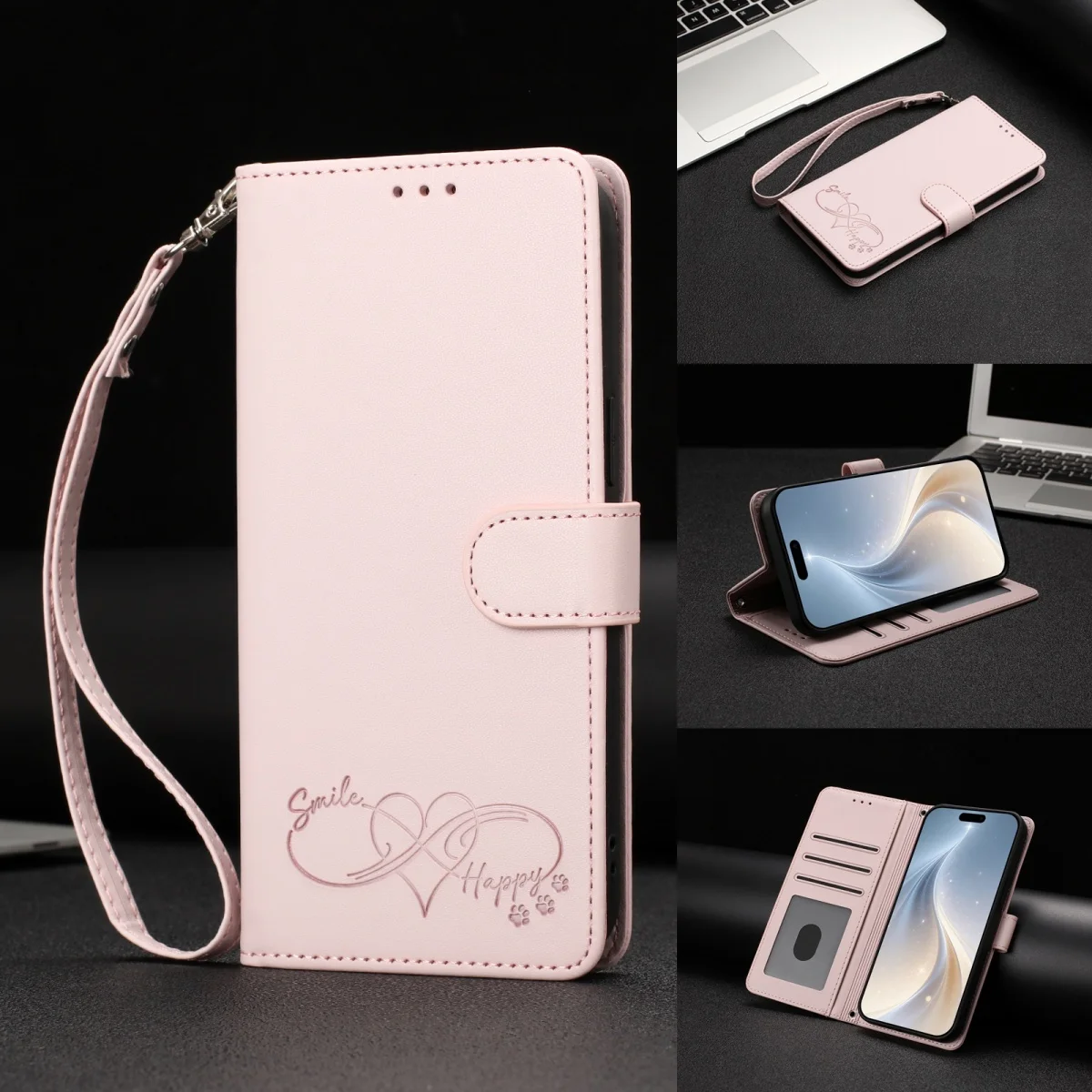 Leather Stand Wallet Phone Case with Card Holder and Strap