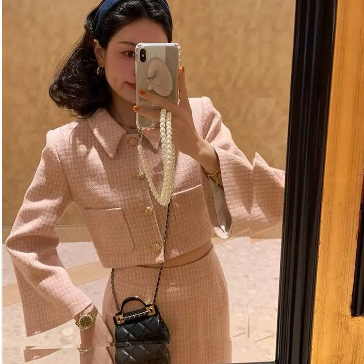 

UNXX 2023 Autumn Winter New Pink Small Fragrance Style Suit for Women with Fitted Jacket and Pleated Skirt Two Piece Lady Suit