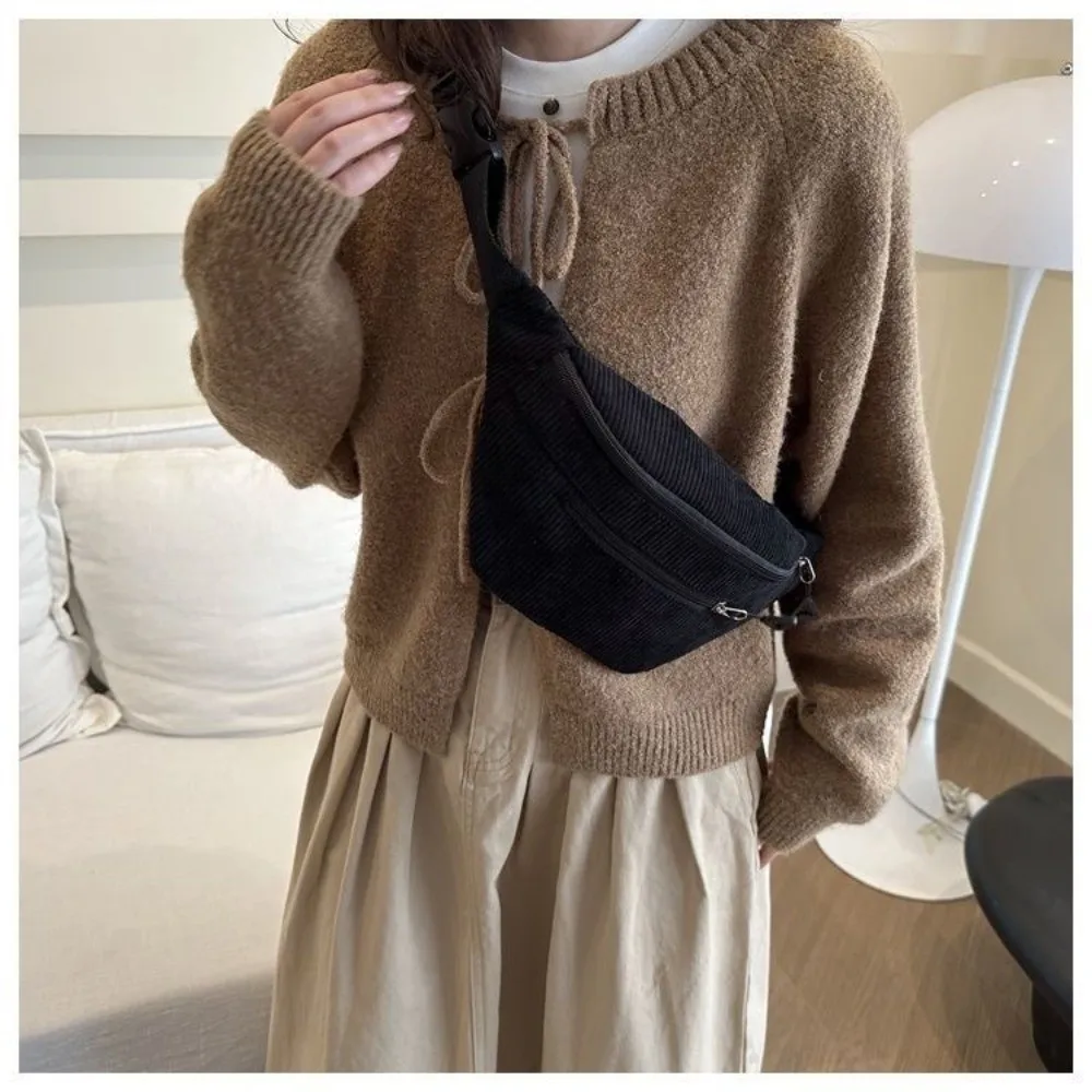 Modische Große Hüfttasche aus Braunem Cord, Diebstahlsichere Brusttasche, Umhängetasche für Damen – Detail 8