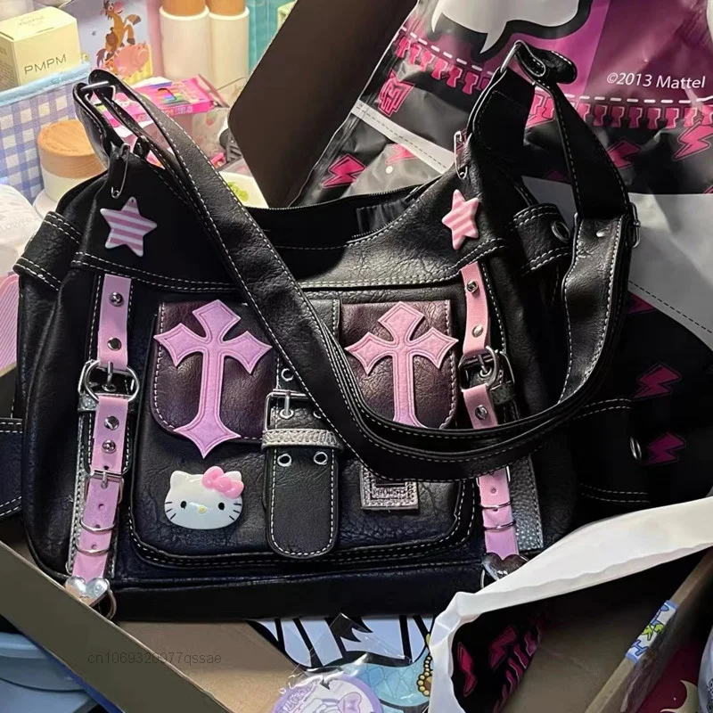 Sanrio Hello Kitty Gothic Punk Vintage Pink Cross Chains Crossbody Bags For Women Hot Girl Handbag Y2k Trend Tote Bag