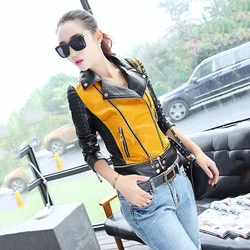 Women Soft Motorcycle Short Faux Leather Jacket Women Ladies Autumn Biker Streetwear Black Spliced Zippers Locomotive Coat 2022