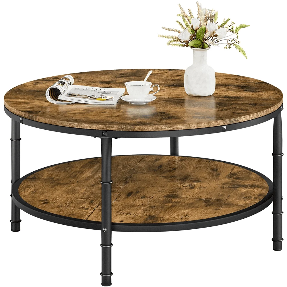 

2-Layer Vintage Round Coffee Table Rustic Brown sturdy material Protective coating mix extra storage space