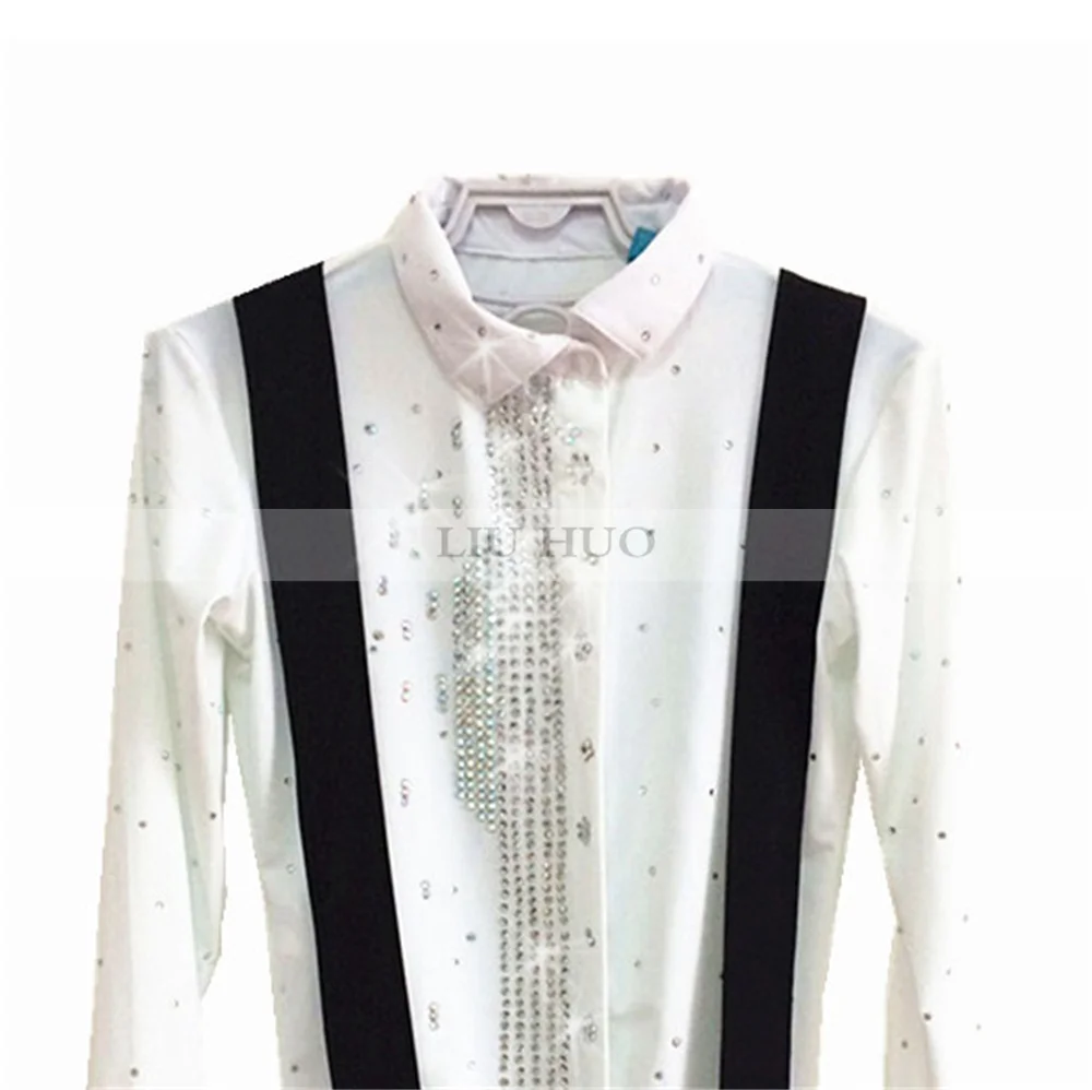 Figure Skating Top Men Boy Ice Shirt White Spandex Rhinestone