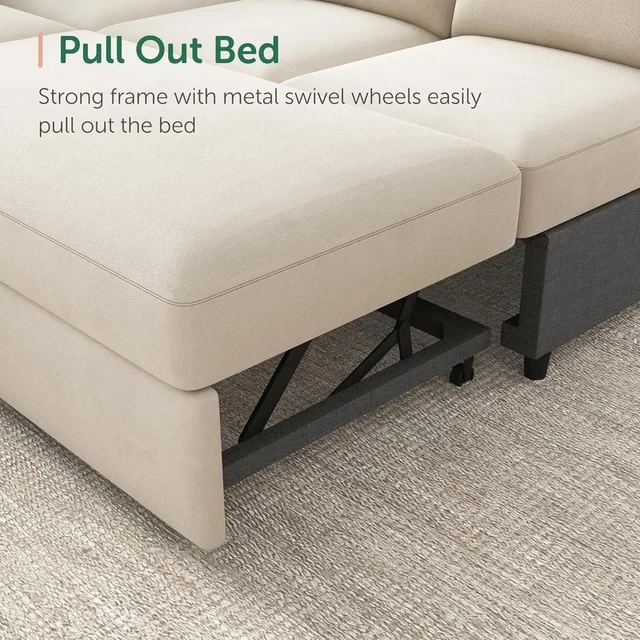 Divano letto componibile a forma di U in velluto beige con letto estraibile e contenitore per il soggiorno 6