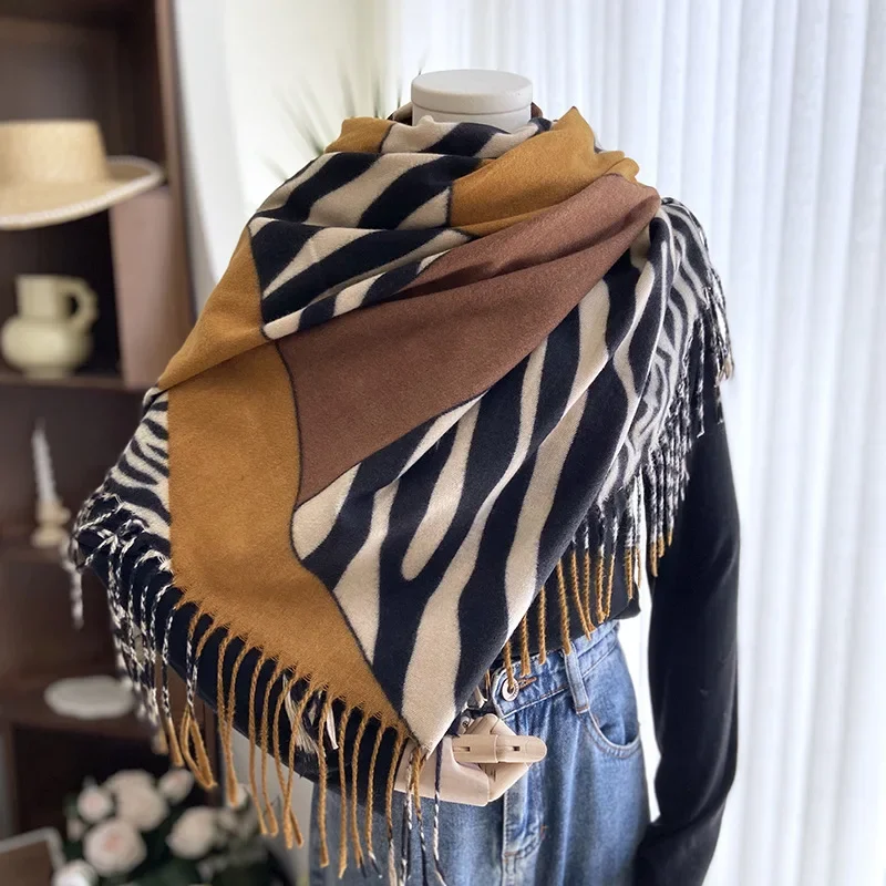 Winter Cashmere Scarf Women Designer Zebra Striped Pashmina