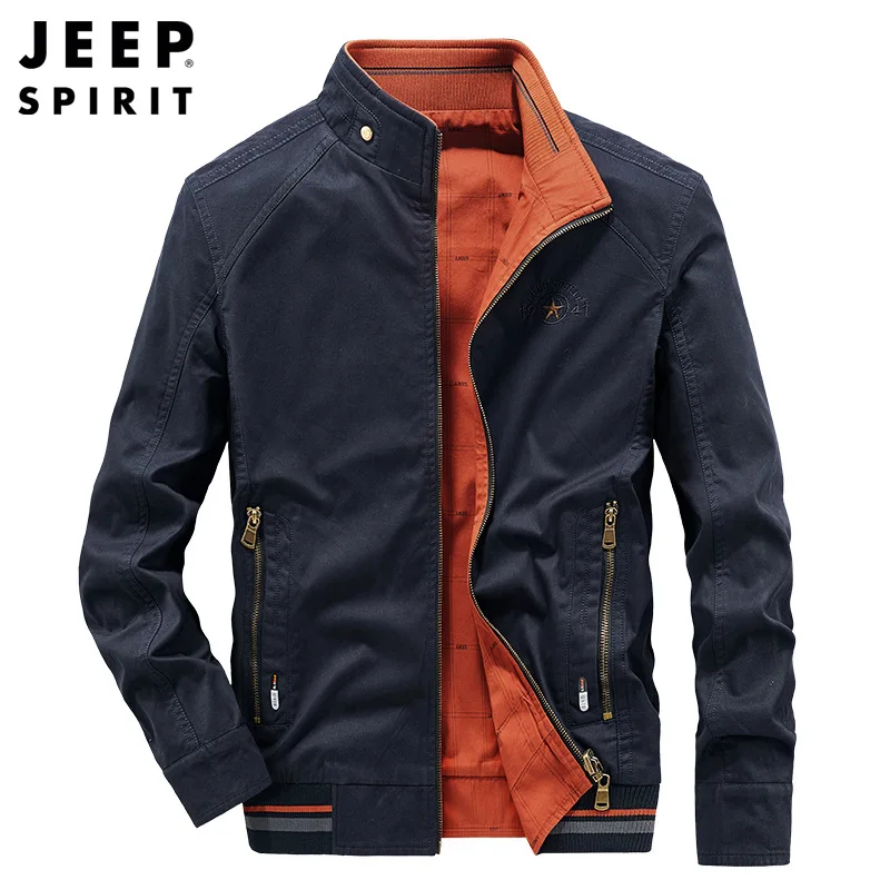 JEEP SPIRIT Men Fashion Urban Double Sided Jacket Autumn New Mens Casual Cotton Solid Coat Stand Collar Business Slim Fit Jacket 3