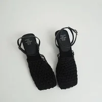 2024 Summer Luxury Designer Sandals Women's Lace Mesh Square Toe Shallow Narrow Strap Braided Slip-on High Heels Sandals - Image 4