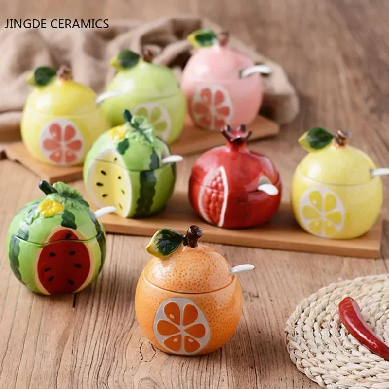 Creative Ceramic Seasoning Jar Bottle Kitchen Decoration Racks Fruit Melon Shape Spices Storage Tank Sugar Bowl with Lid &Spoon
