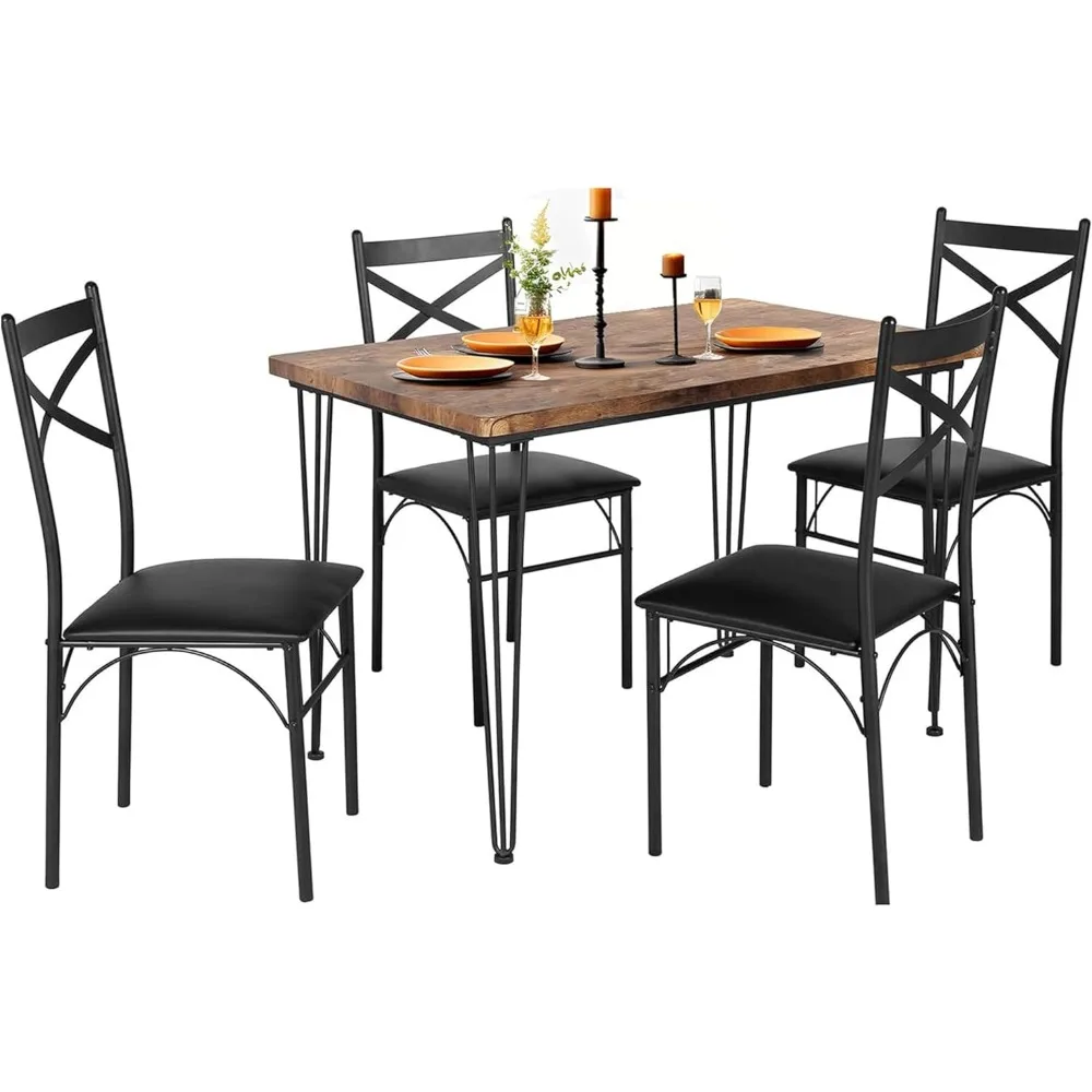 

5-Piece Table Home Kitchen Small Space Breakfast Nook, 4 Faux Leather Metal Frame Chairs, Dining Set for 4, Retro Brown