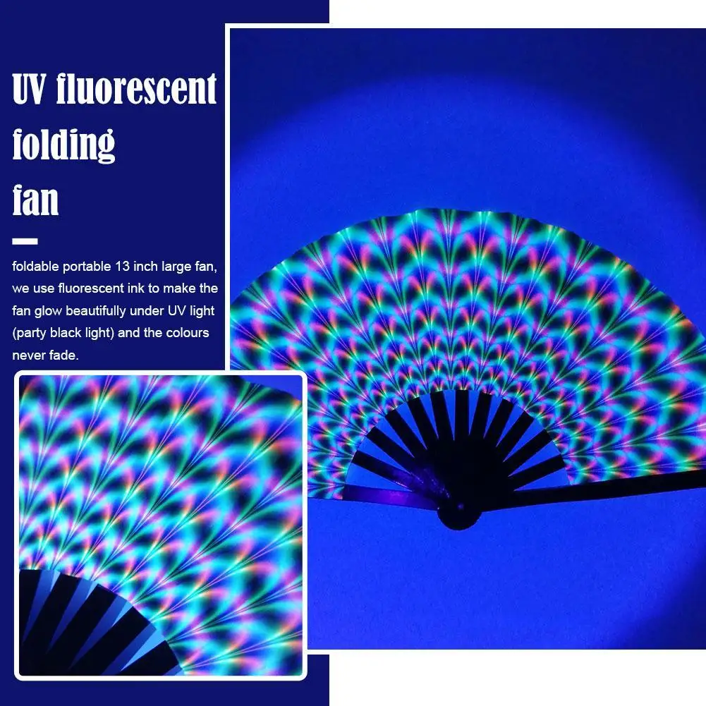 UV Glow Rave Fan Gradient Colorful Reflective Foldable Fan Bamboo Folding Clack Hand For Men Women Dance Party gymnastics dance accessories
