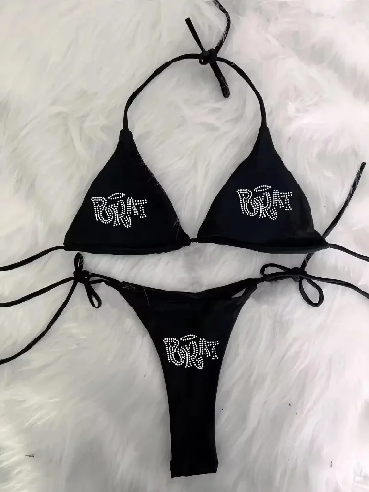 thumbnail image 1 of Traje de baño de playa punk para mujer de los años 2000, ropa gótica, traje de baño BRAT con estampado de diamantes de imitación, bikini grunge, trajes de baño Y2K con cordones, 1 of 4