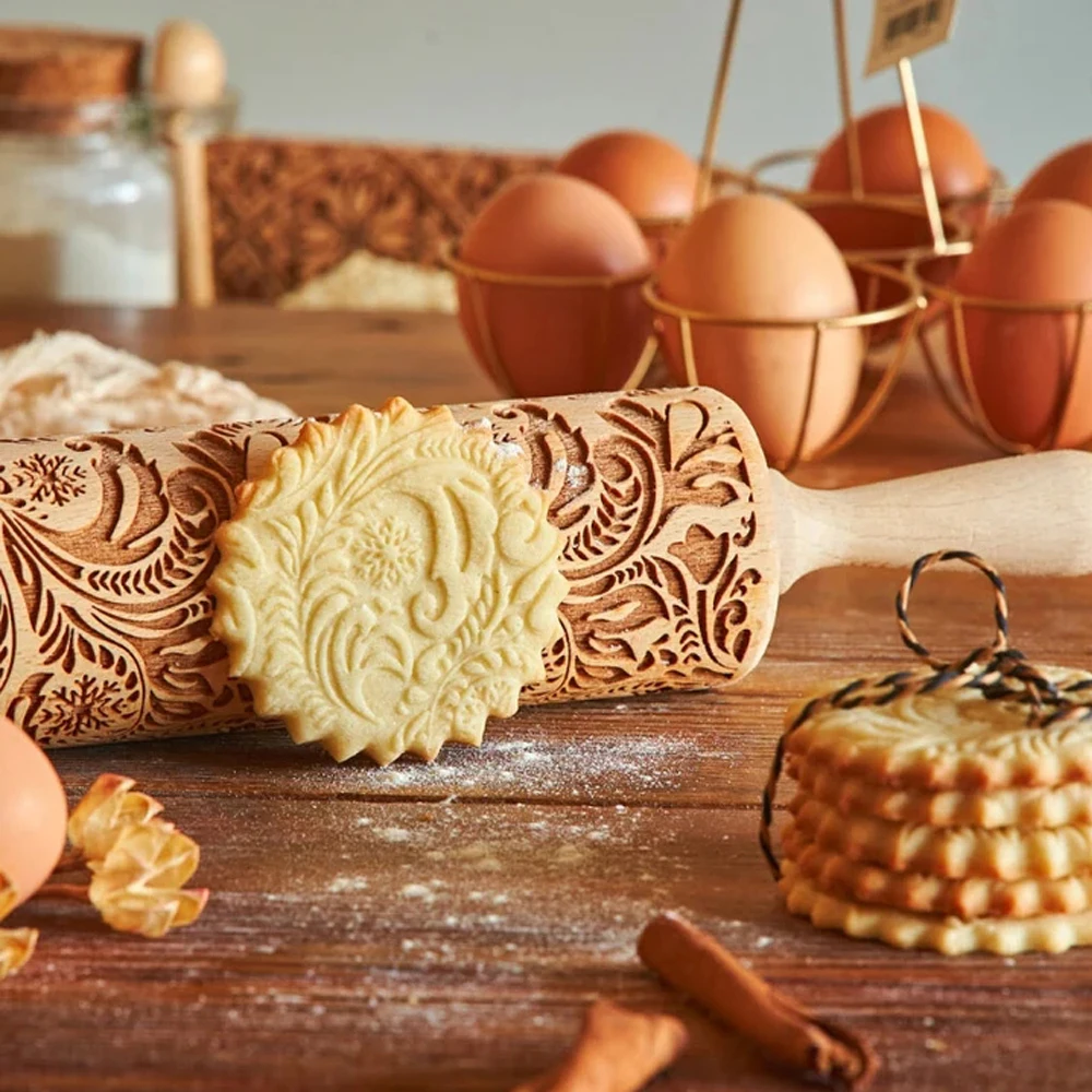 35X4.5CM European Retro Flower Window Grilles Deep Engraved Wooden Embossed Cookies Rolling Pin for Baking 3D Mold ZM006 rolling pin dough roller
