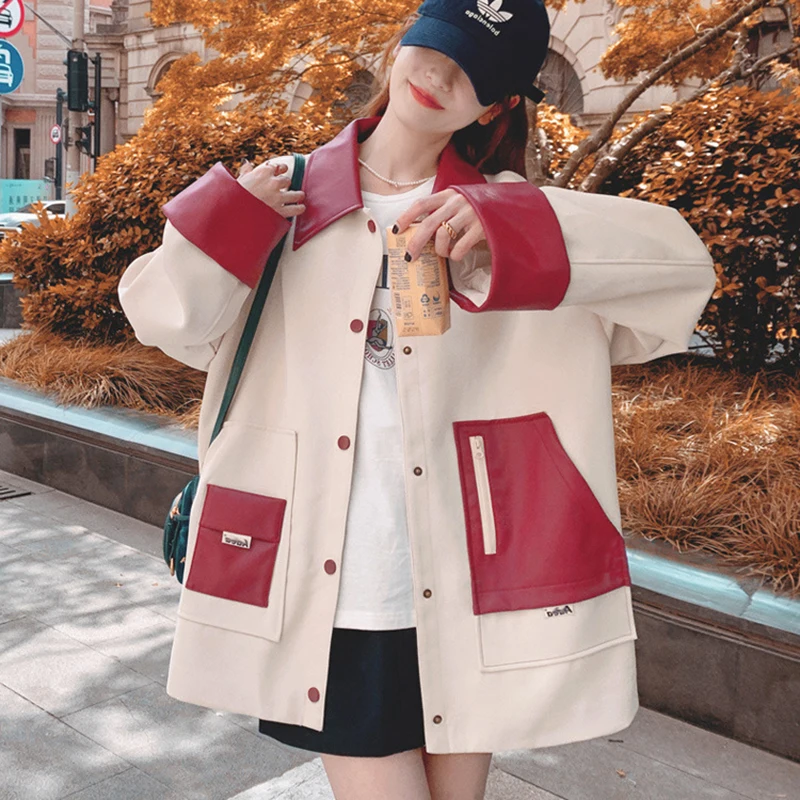 

women's jacket Spring autumn outerwear retro PU leather patchwork Korean coat loose design feeling top fashion clothing