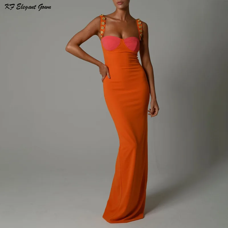 

New Fashion Color Contrast Stitching Suspender Dresses High Waist Slit Formal Evening Dress Backless Slim Women's Evening Dress