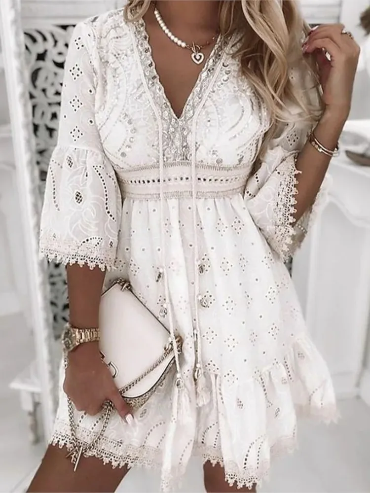 

Elegant Women White Hollow Lace Mini Dress Summer V-neck Patchwork Lace Up Three Quarter Sleeve Ladies Vacation Beach Dresses