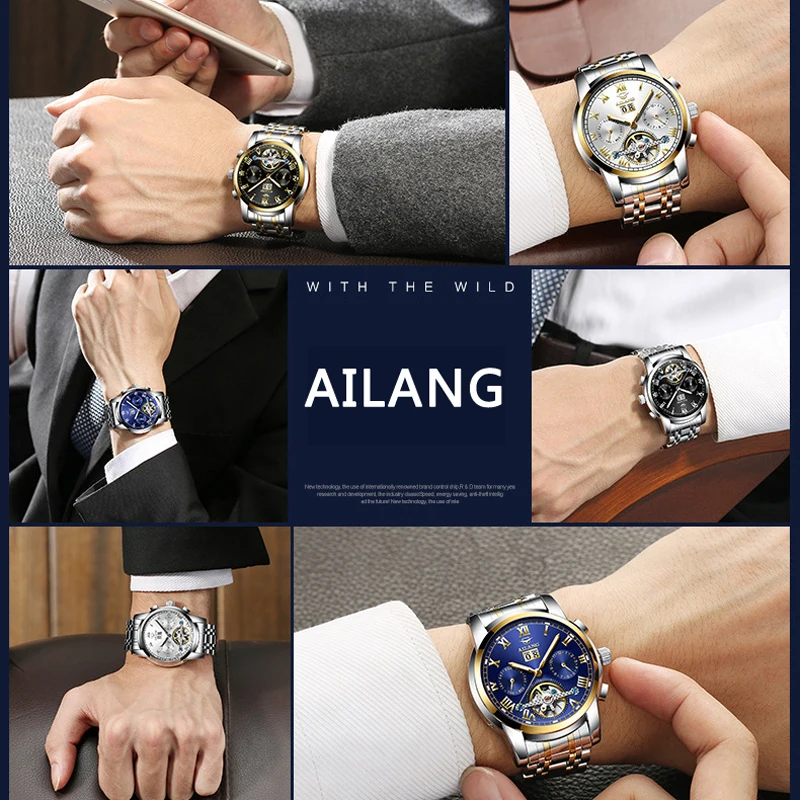 AILANG Brand New Luxury Tourbillon Mechanical Watches Stainless Steel Waterproof Luminous Hands Calendar Business Mens Watches