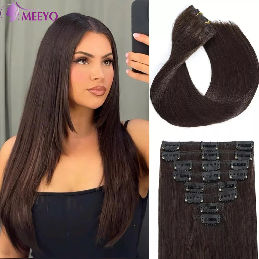 Clip In Hair Extensions #2 Dark Brown Human Hair Straight Brazilian Full Head Seamless Clip ins Extensions for Women 120G 8Pcs
