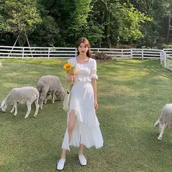 Korean White Trumpet Skirts Women High Waist Lace Patchwork Irregular Side Slit Chiffon Long Skirt Woman Summer New