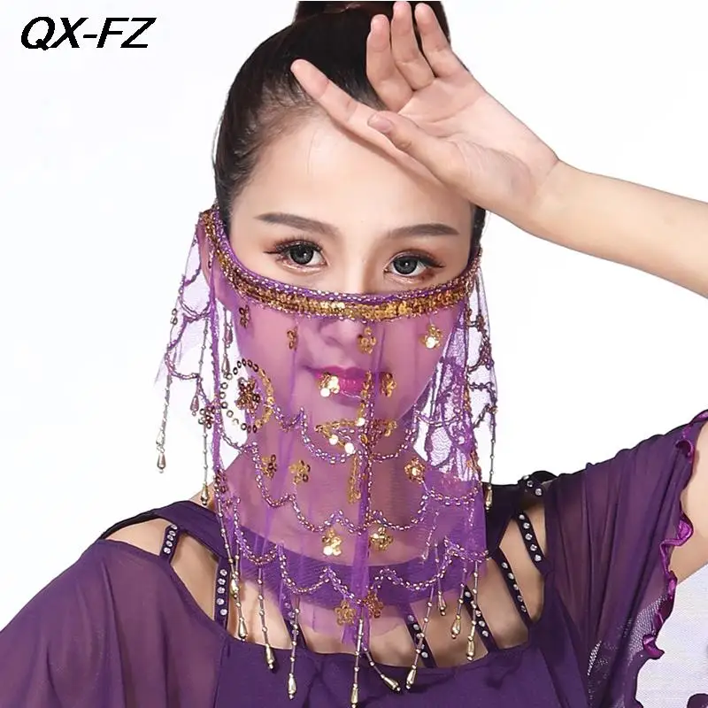 

Women Belly Dance Face Veil Lady Indian Dance Sequins Face Tribal Masquerade Mask Wrap Scarf Tassel Mask Performance Accessories