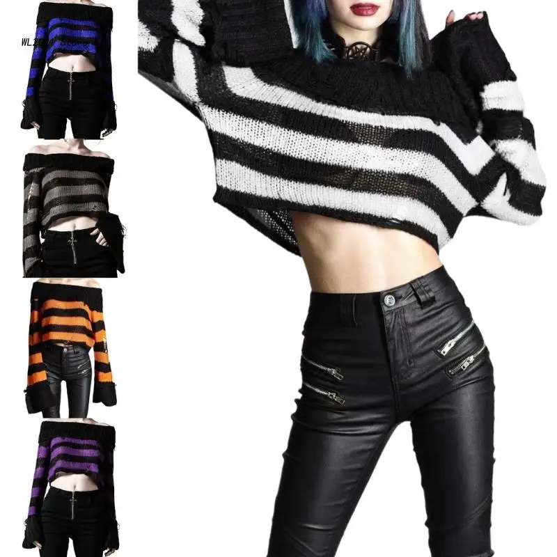 

Women Long Sleeve Off Shoulder Crop Top Ripped Hole Knit Striped Loose Sweater