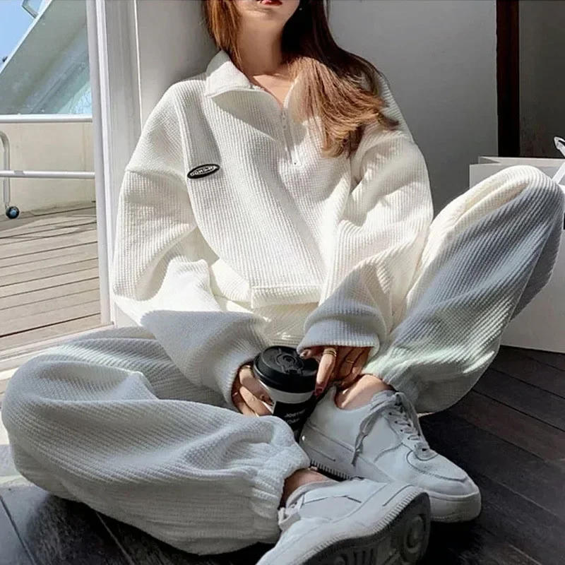 Women Clothing Sets Half Zipper Sweatshirts+Pants 2Pcs Suits Winter Thicken Warm Outfits Solid Color Female Casual Tracksuit