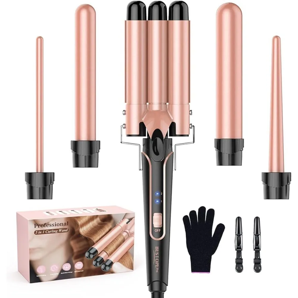 

Waver Curling Iron Wand, 5 in 1 Curling Wand Set with 3 Barrel Hair Crimper, Fast Heating Hair Wand Curler in All Hair Type