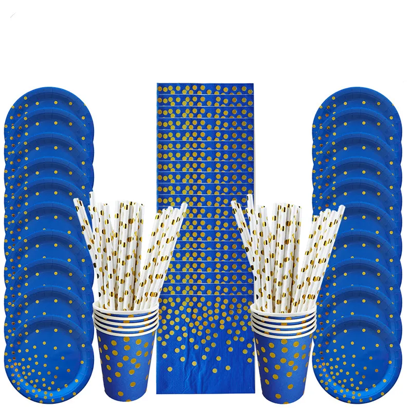 

Blue Golden Dots Disposable Tableware Set Paper Plates Straws Cups for Wedding Christmas Baby Shower Birthday Party Decorations