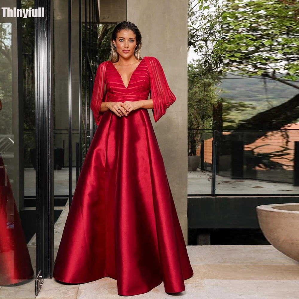 

Thinyfull A-line Satin Evening Party Gown V-neck Sleeveless Prom Dresses Floor Length Formal Occasion Dress Robe De Soirée