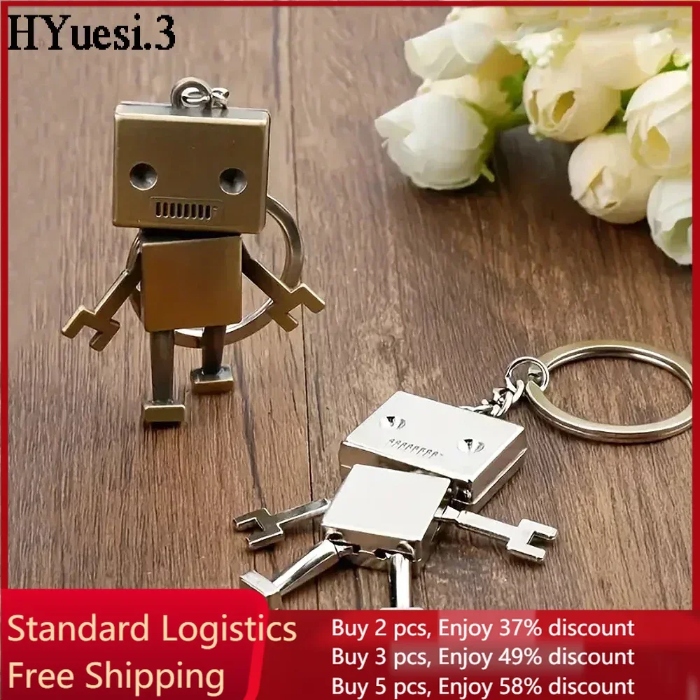 3D Movable Joint Mini Robot Keychain Punk Style Bronze Color Box Shaped People Metal Waist Hanging Key Ring Backpack Decration