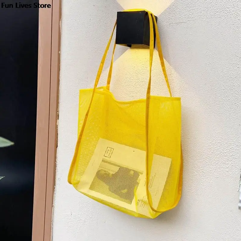 Women Tote Bags Transparent Mesh Handbag Summer Beach Totes Fashion Lightweight Shopping Bag Holiday Outdoor Storage Shoulder Purse Pouch