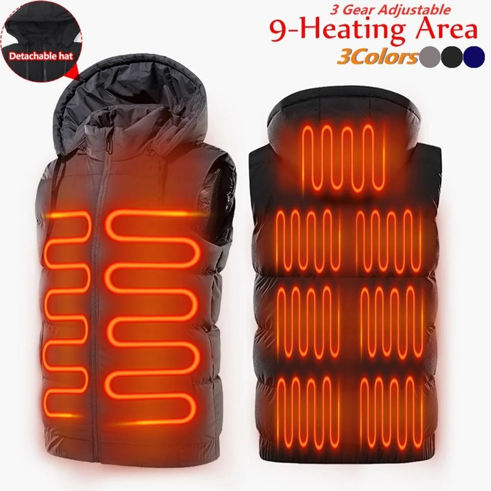 

Electric Heated Vest Jackets 9 Heated Zones Graphene M-7XL Men Women's USB Heating Coat Camping Waterproof Down Jacket With Hat