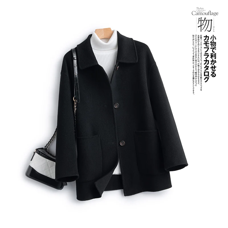 가을 겨울 코트 여성 정장 칼라 모직 재킷 한국식 싱글 브레스트 포켓 양면 캐시미어 짧은 아우터 여성용