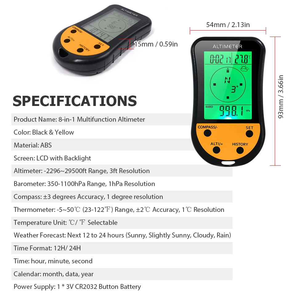 8 in 1 Electronic Digital Altimeter LCD Backlight Mini Altimeter Barometer Compass Thermometer Weather Forecast Clock Calendar digital altimeter