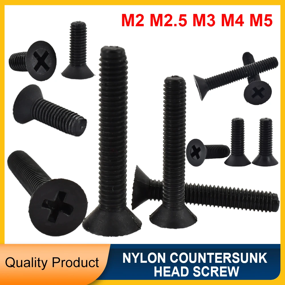 M2~M5 Black Nylon Countersunk Head Cross Screw Suitable For Industrial Buildings Furniture Accessories Phillips Flat Head Bolts